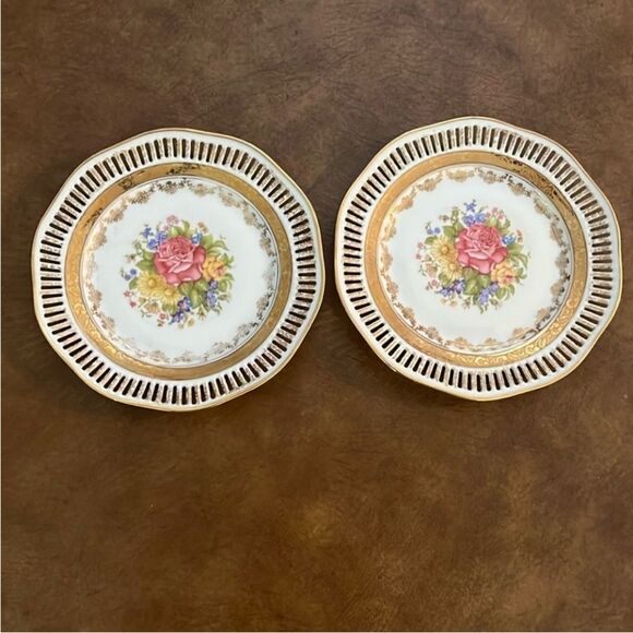 Vintage 2 Winterling Germany Wildflowers Porcelain Dessert Plates Filagree Edge - Picture 1 of 8